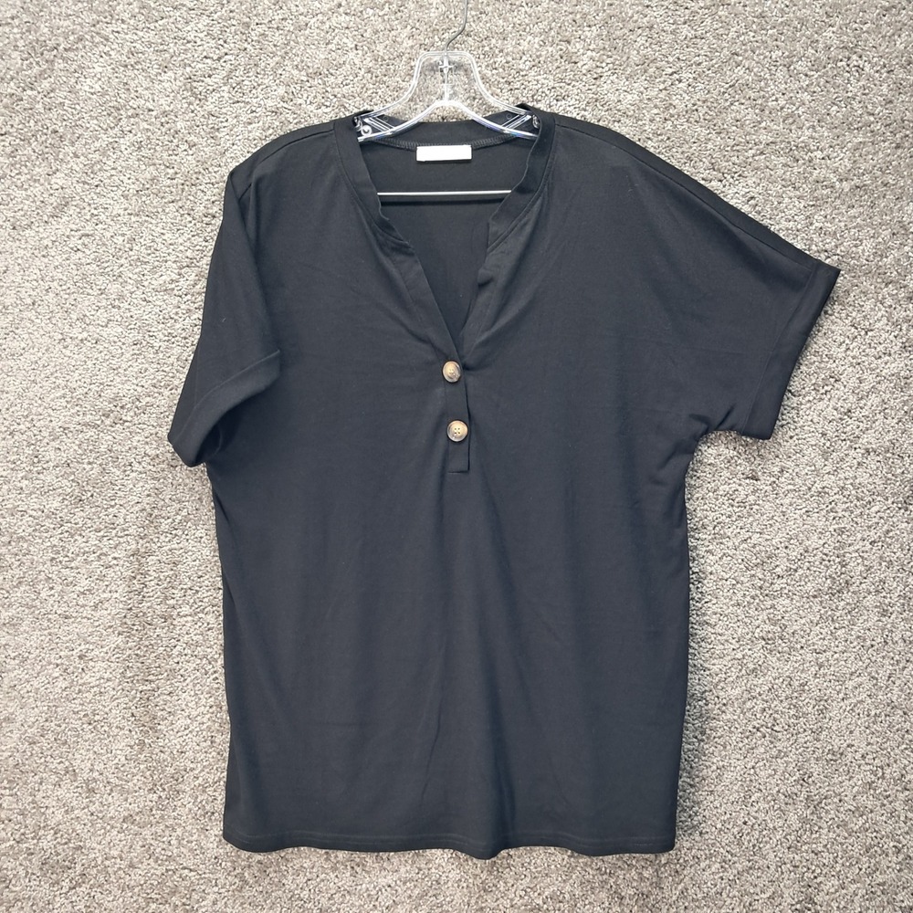 HALIFE Womens Black Short Sleeve V-Neck Button Front Dolman Blouse Top Large